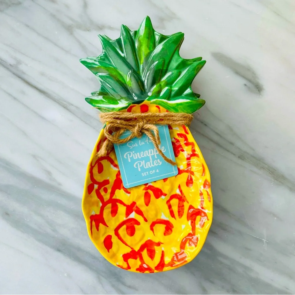 Sur La Table•NWT,4-Appetizer Plates +Pineapple Party Bundle~Straws,Napkins,Picks